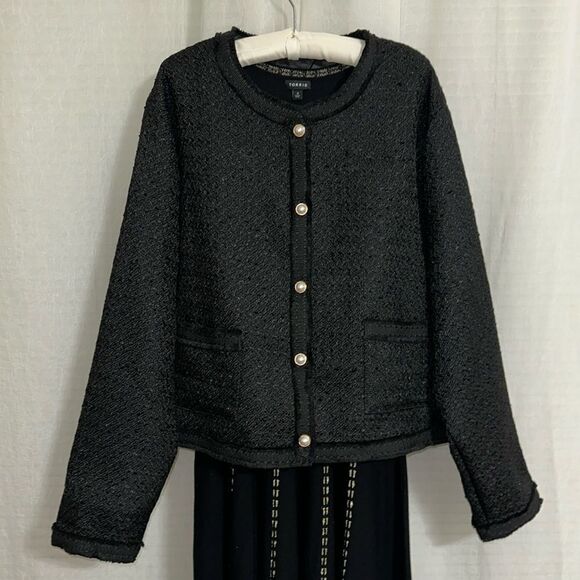 IS 3X Black Button Front Tweed Blazer with Gold Tone Pearl Buttons and Pockets - Picture 1 of 13